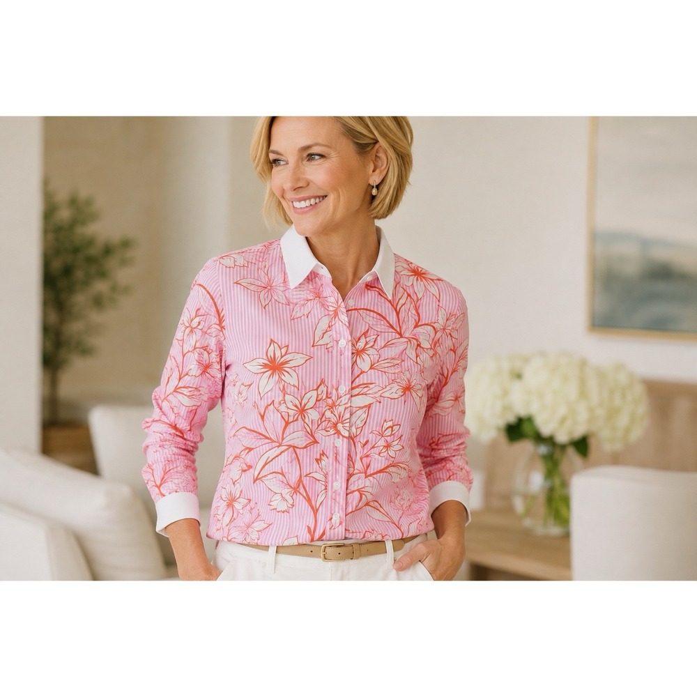 Talbots No-Iron Floral Stripe Cotton Button Front Shirt Sz 14 Pink White